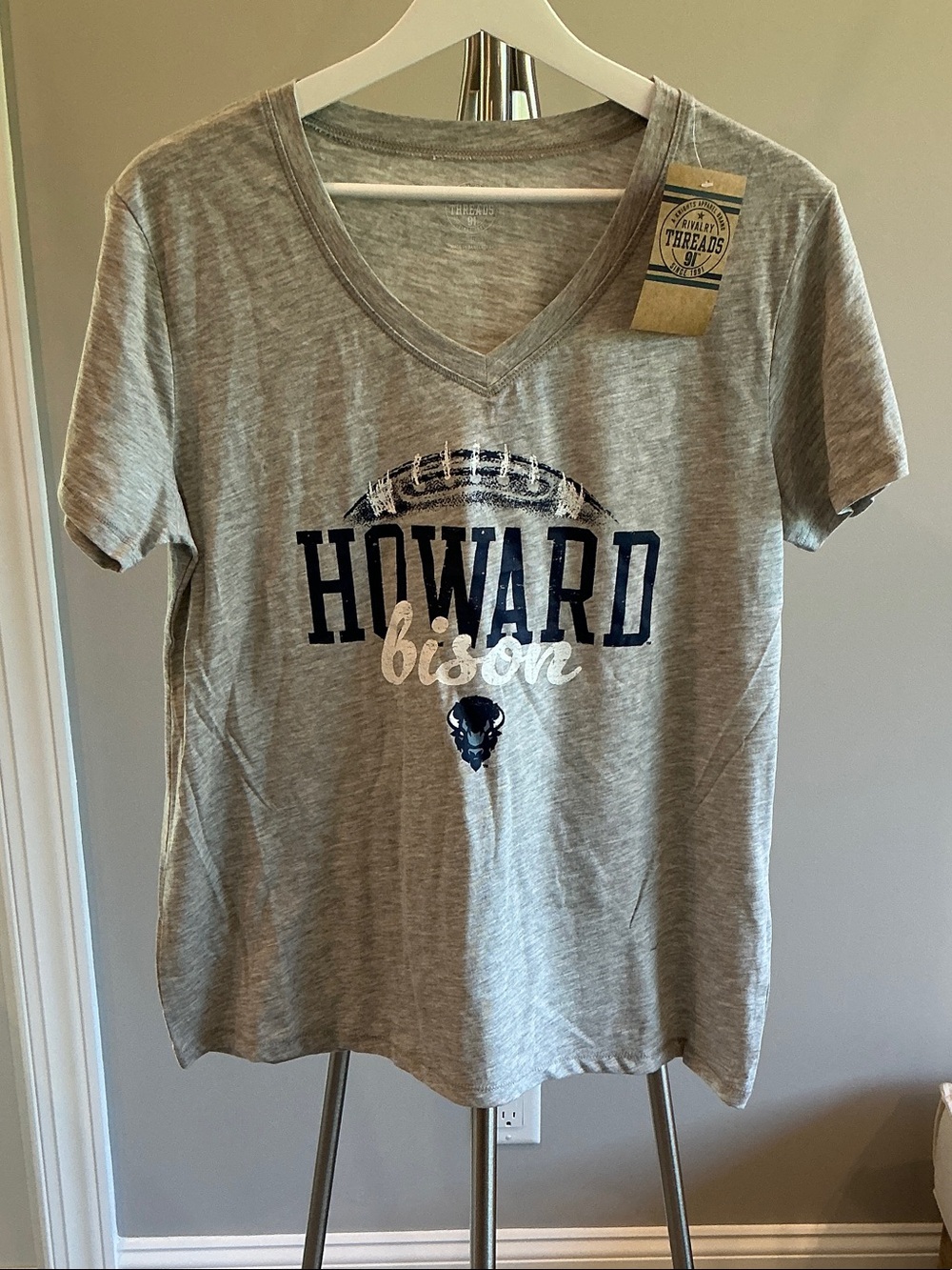 Howard Bison Gray V-Neck Tee with Navy & Cream Logo